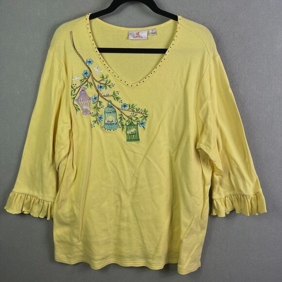 Quacker Factory Birdhouse Sweater Women XL Ruffle Sleeve Rhinestone Blouse - Picture 2 of 8